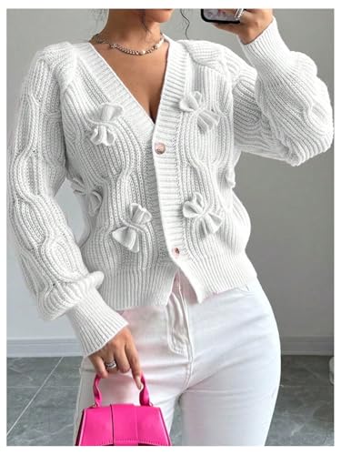 Image of Verdusa Womens Bow Cardigan Long Sleeve Chunky Sweater Outerwear Fall Cardigans Trendy White Small