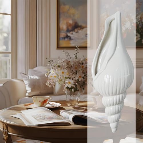 Vase mural en céramique blanche en forme de conque 3D pour décoration intérieure chic