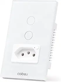 Interruptor Inteligente WiFi com Tomada, Interruptor Smart Sem Fio Doméstico Multifuncional, Controle Remoto de Eletrodomésticos Por Celulares, Branco, 2 Botao, com neutro, 16A