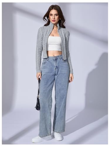 Image of MakeMeChic Women's Cropped Cable Knit Sweater Zip Cardigan Fall Clothes