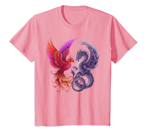 Mystical Phoenix and Dragon Swirl Yin Yang Design Men Women T-Shirt, Youth, Pink, 4T