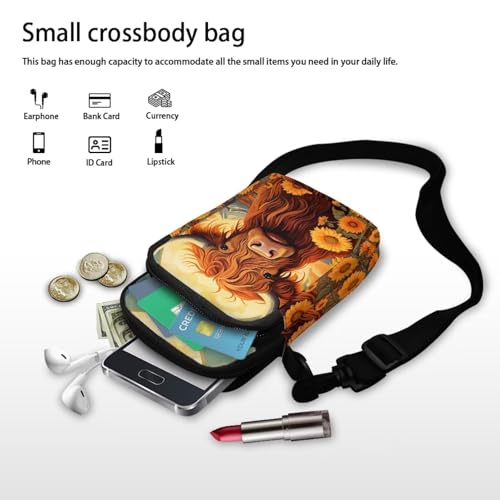 Image of Xpyiqun Highland Cow Phone Bag Crossbody Purses for Women Mini Cross Body Bag Sunflower Canvas Over Shoulder Handbag Messenger Pouch Work Satchel Travel Wallet Organizer Zipper Pocket