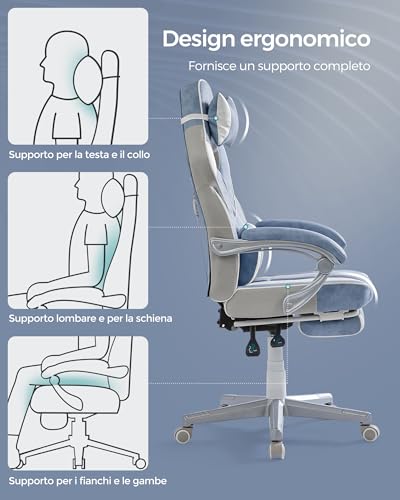 Sedia da Ufficio, Poltrona Racing Ergonomica, Poggiapiedi Telescopico, Schienale Inclinabile, Poggiatesta e Supporto Lombare, Portante di 150 kg, Blu Turchino e Bianco Crema OBG073Q01 - Sedia gaming - Immagine 4