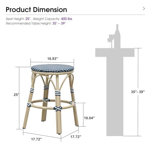 Image of PURPLE LEAF Outdoor French Round 26 inch Counter Stool Set of 2 Large Woven Wicker Backless Armless Barstool White Print Aluminum Frame for Patio Island Kitchen Cafe Rattan Chairs Deep Blue