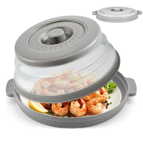 10.7-Inch Microwave Splatter Guard – Foldable Food Cover with Heat-Resistant Base & Ventilated Lid, Dual-Use Plate Stand and Kitchen Strainer