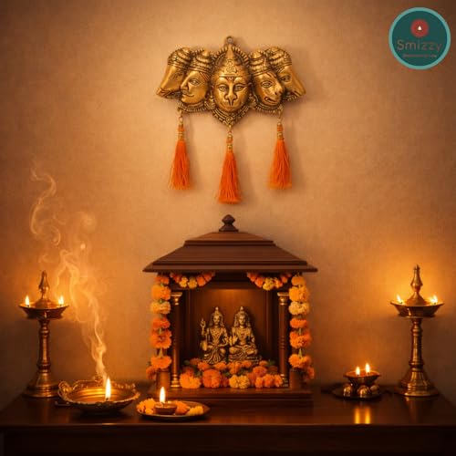 Image of Smizzy panchmukhi Hanuman for Door Entrance Hanging, Gold Finish Wall Hanging Statue Showpiece with Orange Latkan for Main Gate, Metal Hindu God anjaneya Swamy Idol for Pooja Room Temple Vastu, 1 pc