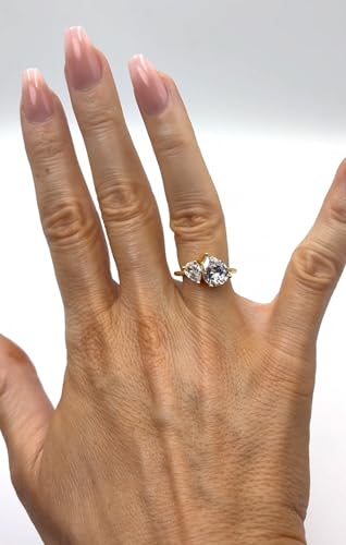 Toi et Moi Pear Teardrop Shape Clear White Cubic Zirconia CZ Engagement Ring, 18k Yellow Gold Plated, Size 74
