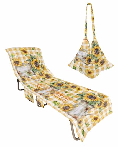Sunflower Orange Beach Chair Cover with Side Pockets, Microfiber & Quick Dry Pool Chaise Lounge Chair Towels Covers for Sun Sunbathing Patio Garden Hotel, Spring Floral Farmhouse Plaid Checkered