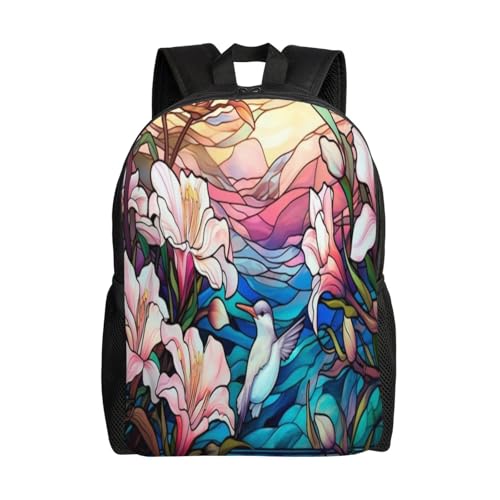 Waterproof Backpack Hummingbird Flowers Stained Glass 16Inch Unisex Backpack Gym Casual Daypack for Women Men Gift