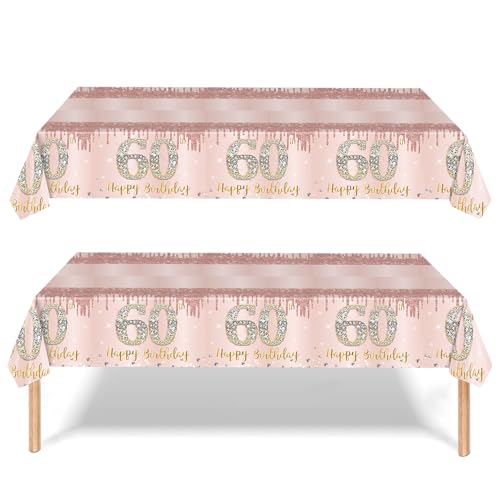 yayafunfun 60th Birthday Table Decoration 2pcs Rose Gold 60th Table Cloth,Happy 60th Birthday Tablecloth for Ladies Women,137 * 274cm Plastic Tablecloths Table Cover 60th Birthday Decorations for Her