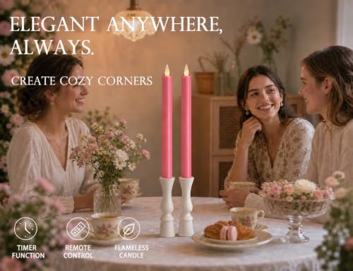 Image of Flameless Taper Candles Flickering with Remote and Timer, 3D Moving Flame Taper Candle Battery Operated to 400 Hours, 9 Inch Window Candles, (Pink)