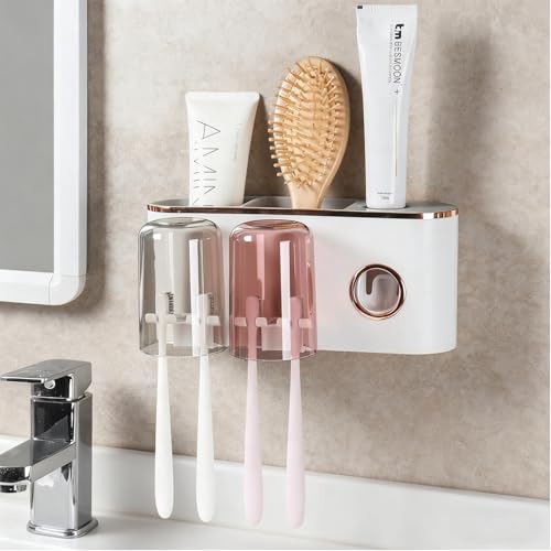 jjojcll Wall Mounted Toothbrush Holders 2 Cups Toothbrush Holder Bathroom Decor with Toothpaste Dispenser Bathroom Accessories
