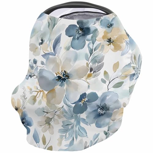 Yellow Boho Country Flowers Nursing Cover for Breastfeeding Scarf, Watercolor Blue Floral Baby Car Covers Super Soft Multi Use for Canopy Shopping Cart Cover Blanket Stroller Cover