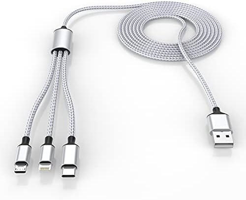 Multi 3 in 1 USB Long iPhone Charging Cable, 3M/10Ft Nylon Braided Universal Phone Charger Cord USB C/Micro USB/Lightning Connector Adapter for Android/Apple/Samsung/LG/Pixel/Huawei/XiaoMi(Gray)
