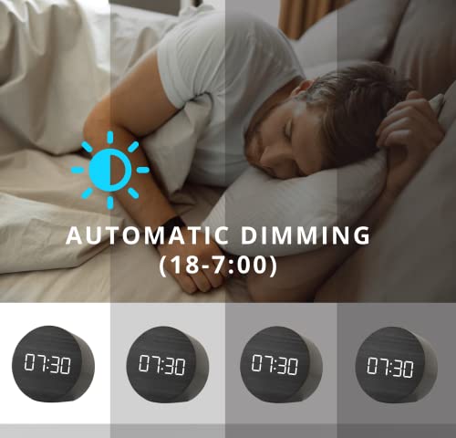 Minm Store Alarm Clock For Bedroom | Digital Clock Wooden Electronic Led Time Display | Calendar Temperature | 3 Alarm Settings | Cord And Battery Operated (Black Wood) #TOP4