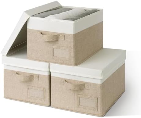 GRANNY SAYS Cajas Tela Almacenaje, Pack de 3 Cajas Almacenaje Ropa, Cajas de Tela Almacenaje Ropa Armario, Cajas Almacenaje Carton, Cajas Organizadoras Ropa, Cajas Almacenaje con Tapa, Blanco Caqui