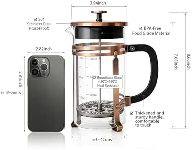PSAVGLA 34oz French Press Coffee Maker, Thickened Borosilicate Glass & 304 Stainless Steel Double Mesh Filter. Cold Brew & Tea Brewer for Travel Camping, Kitchen Decor, Bar Accessories Gift (Copper) - 2