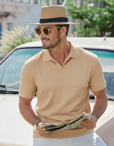 Image of Zilcon Mens Casual Polo Shirt Summer Short Sleeve Vacation Button Beach Knit Stretchy Golf Tshirts