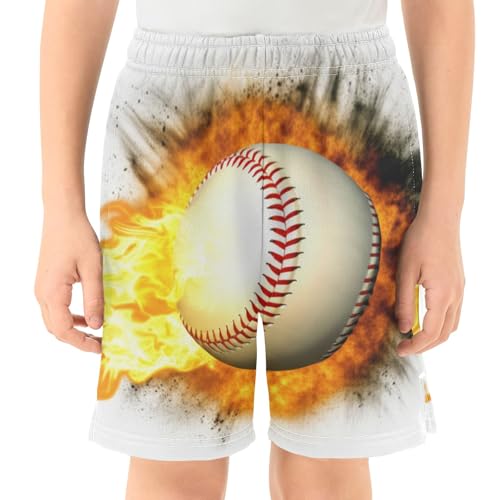 CHIFIGNO Baseball Fire Pull-On Boys Baseball Shorts Elastic Waist Children Boys Outdoor Shorts with Pockets XS2