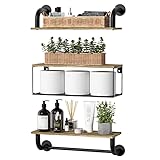 Tinpin Bathroom Shelves Wall Mounted, Industrial Pipe Shelves, Light Natural Wood Floating with Towel Bar, Shelf Organizer Over Toilet, Decor for Living Room, Bedroom, Kitchen Brown Without Decor