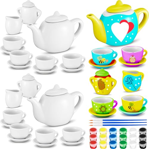 PullCrease 45 Pcs Spring Paint Your Own Tea Kit Craft DIY Tea Kit for Kids Ages 8+ Mini Ceramic Tea Cups to Paint Including Porcelain Dishes Brush for Party Girls Boys SetStylish Style