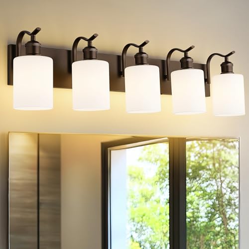 Image of 5 Light Bathroom Vanity Light, Morden Vanity Lighting Fixtures Over Mirror Oil Rubbed Bronze Bathroom Wall Sconce with Milky White Frosted Shade ZCVL01ORBW-5