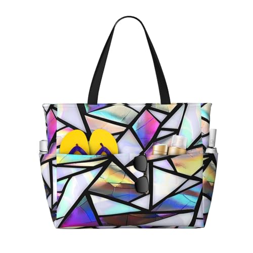 Bolso de playa grande impermeable y resistente a la arena con estampado geométrico iridiscente, tipo tote con cremallera, para mujeres