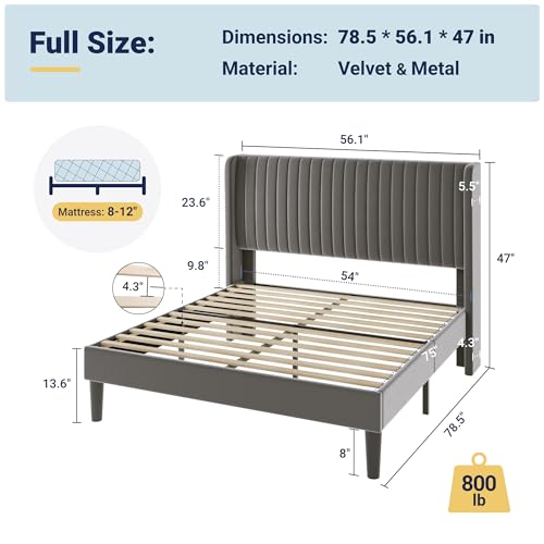 Image of Allewie Full Size Velvet Bed Frame /Vertical Channel Tufted Wingback Headboard /Upholstered Platform Bed /Strong Wooden Slats /No Box Spring Needed /Easy Assembly /Grey
