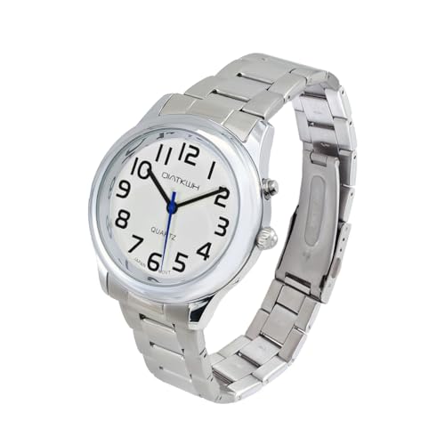QIATKWH Español Reloj de Voz para Ciegos, discapacitados visuales o Ancianos,Correa de Acero Inoxidable,Tamaño Masculino