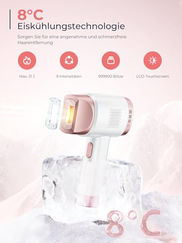 21J IPL Geräte Haarentfernung mit 8℃ Eiskühlsystem, Laser Haarentfernung 9 Stufen & 600 NM Rotlicht, LCD-Touchscreen IPL Haarentfernungsgerät für Frauen Männer, Gesicht Arm Bikinizone Körper, Rose