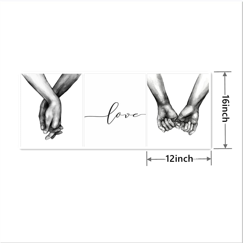 Kiddale Love and Hand in Hand Wall Art Canvas Print Poster,Simple Fashion Black and White Sketch Art Line Drawing Decor for Home Living Room Bedroom Office,Set of 3 Unframed, 12"x16 "