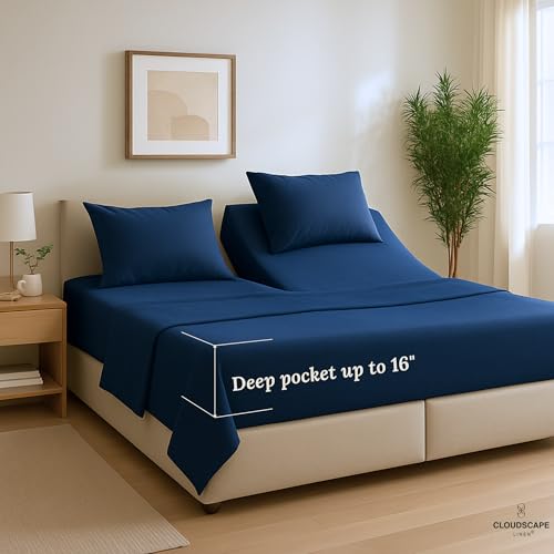 100% Egyptian Cotton Split King Sheet Set for Adjustable Bed, 5 Pcs Dorm Bedding Set, 1000 Thread Count, Silky Soft, Breathable and Durable, Deep Pockets up to 17, Dark Denim