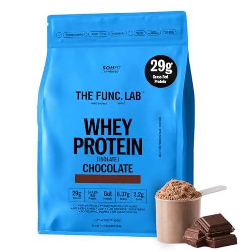Image of The Func. Lab Whey Protein Isolate - Chocolate Flavour | 500g | Grass‑Fed, 29g Protein, 6.37g BCAA per Scoop | High Protein Supplement for Muscle Growth, Digestion and Absorption Support