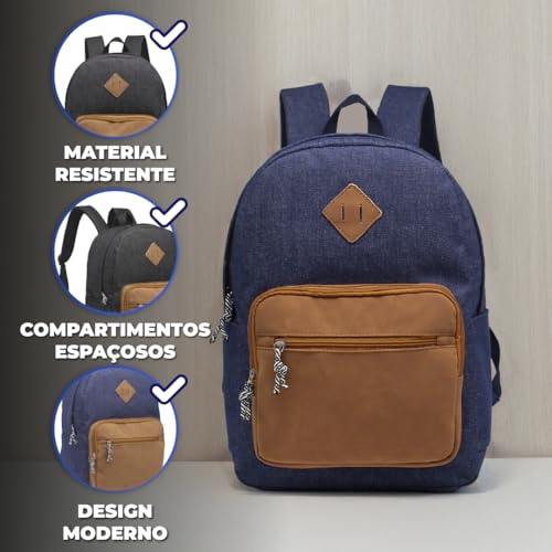 Mochila Escolar Costas Lisa Premium Resistente Jeans Moderna Cursinho Juvenil Masculina (AZUL MARINH