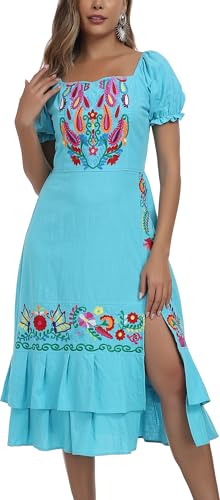 Image of YZXDORWJ Mexican Dress for Women Boho Embroidered Sexy Ruffle Maxi Dress Short Sleeve Summer Beach Wedding Party Dress