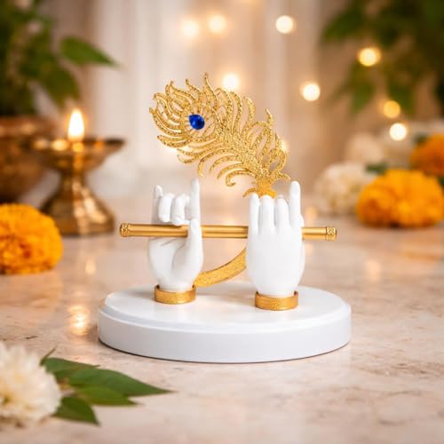 Image of CraftVatika Goldplated Krishna Hand with Flute Idol Peacock Feather Mor Pankh Showpiece,Housewarming Gift, Birthday Wedding Anniversary Janmashtami Gift,Home Decor Decoration Items for Living Room