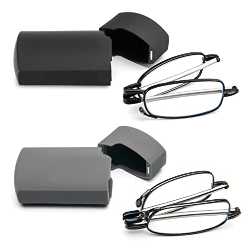 prtcslwd 2 Pack Folding Reading Glasses Stainless Steel Mini Anti-Blue Light Blocking Reader for Men Women (2 Pack?black+gray?, 2, Diopters)