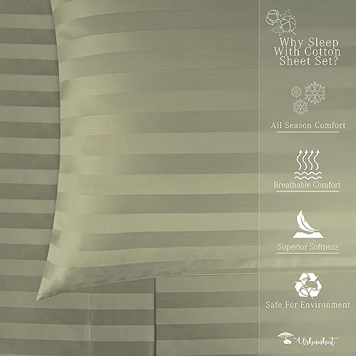 URBANHUT 800 Thread Count Egyptian Cotton Damask Striped Twin Size Sheets Set (4 Pc) - Ultra Soft & Smooth, Sateen Weave Twin Size Bed Sheets, Luxury Hotel Sheets with 16" Deep Pocket - Sage
