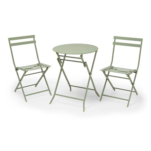 Image of VonHaus Folding Bistro Set for 2 - Sage Green 3 Piece Garden Table and Chairs Set - Weather Resistant Durable Reinforced Steel Frame for Outdoors, Balcony and Patio Furniture - Ravello