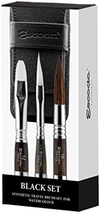 Escoda Artist Watercolor Travel Brush Set w/ Canvas Pouch, 3 Short Handle Brushes (Black)