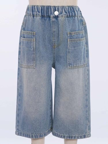 Kids Girls Capri Denim Pants High Waist Wide Leg Cropped Jeans Midi Trousers with Patch Pockets3