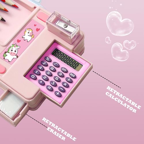 Image of Pop Up Multifunction Pencil Case, Cute Cartoon Pen Box Organizer Stationery with Calculators, Sharpener, Schedule, School Supplies, Best Birthday Gifts for Kids