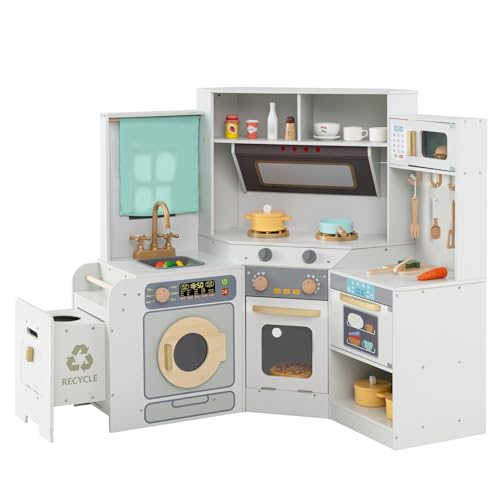 GOPLUS Cocina de Juguete de Esquina, Cocinita Infantil de Madera con Cubo de Basura Extraíble, Fregadero, Fogones, Microondas, Horno, Lavadora, Luces y Sonidos para Niños de 3+ Años (Gris)