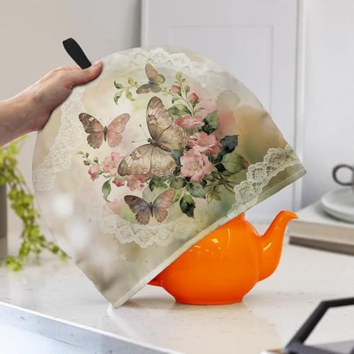 Image of Vintage Butterfly Print Tea Pot Cover Teas Cosy Insulated Tea Cozies Home Kitchen Decoration Teapot Dust Cover Warming Tea Kettle Quilt Creative Gifts for Banquet