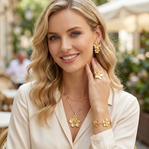AHEJIOO 5 Stück Gold Schmuck Set Damen, Vintage Blumen Halskette Armband Ring und Statement Ohrringe, Goldschmuck Blumenohrringe Gold für Hochzeit Party, Goldene Ohrringe Damen Geschenkidee – Bild 5