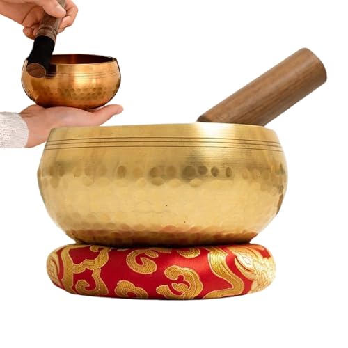 Cuenco tibetano – Instrumento de terapia de sonido hecho a mano, juego de meditación tibetana con cojín y mazo, accesorio de atención plena resonante | Ideal para la práctica de yoga, equilibrio