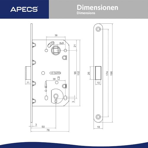 APECS Einsteckschloss Magnetschloss Modernes geräuschloses mit Schließblech für Innentüren im Haus und Büro Modelle APECS 5300-MC-BB (Buntbart)