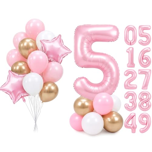 Image of PartyWoo Baby Pink Number 5 Balloon 40 Inch 25pcs Pink Foil Star White Gold | Foil Number Large Gaint Jumbo Balloons for Birthday Baby Shower Princess Wedding Anniversary Girl Women Party Decorations