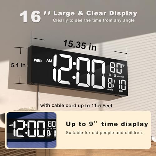 Image of JALL 16 inch Large Digital Wall Mount Clock, Count Down Timer, Alarm, Big LED, DST, Temperature for Living Room Classroom Desk, Xmas, Birthday Gift for Senior Men Women Mom Dad, White