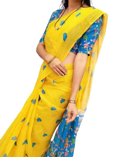LINEN COTTON DIGITEL PRINT SAREE YELLOW COLOR